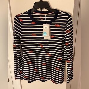 Boden Navy and White Striped Women’s Shirt with Red Lips